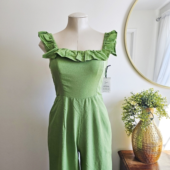 NWT Nordstrom Japna Cotton Linen Blend Frilled Square Neck Green Jumpsuit Size S - Picture 14 of 16